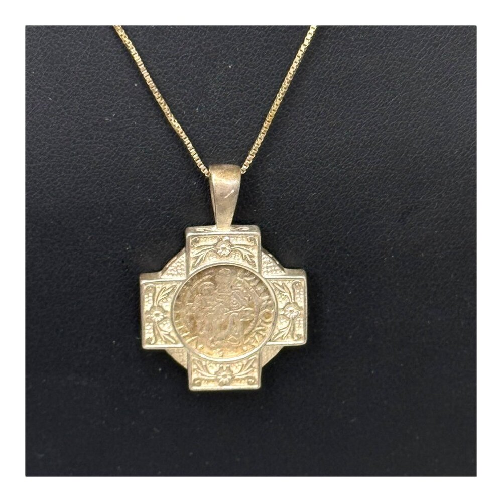 Vintage Midas Turkey 1/10 14K Gold Over Sterling Cross Coin Pendant Necklace 16"
